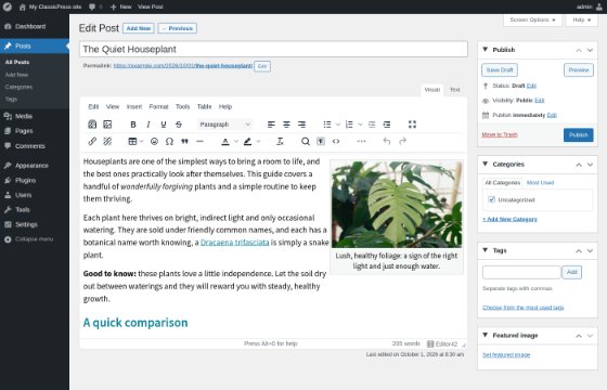 The ClassicPress editing screen with Editor42: the menubar, two toolbar rows and a post with a captioned picture