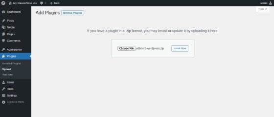 The plugin upload form of the ClassicPress admin with the Editor42 zip chosen