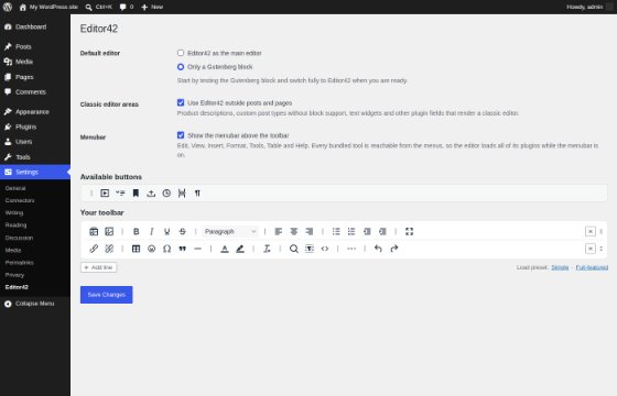 The Editor42 settings screen in WordPress, with the Default editor switch at the top
