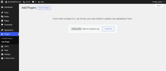 The Upload Plugin form of the WordPress admin with the Editor42 zip chosen